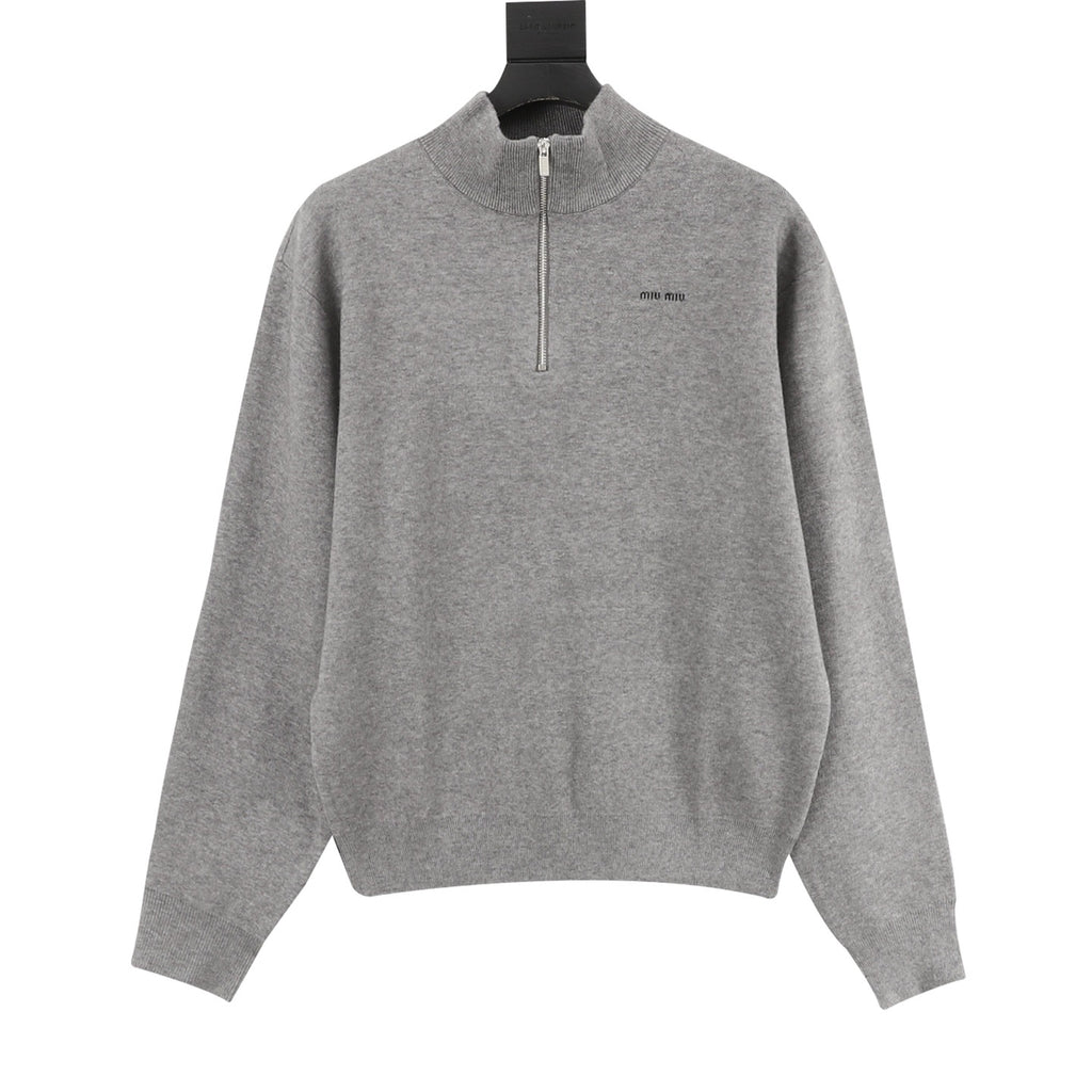 Miu Miu Small Logo Half-Zip Stand Collar Knit Sweater | Light Grey Relaxed Luxury Knitwear