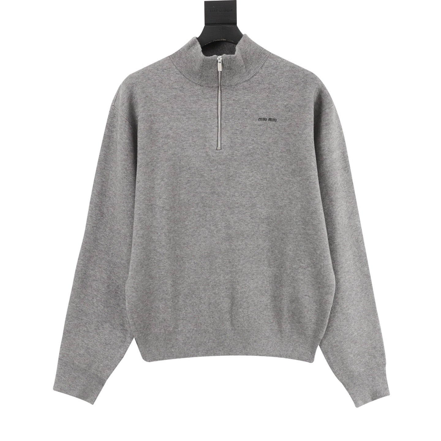 Miu Miu Small Logo Half-Zip Stand Collar Knit Sweater | Light Grey Relaxed Luxury Knitwear
