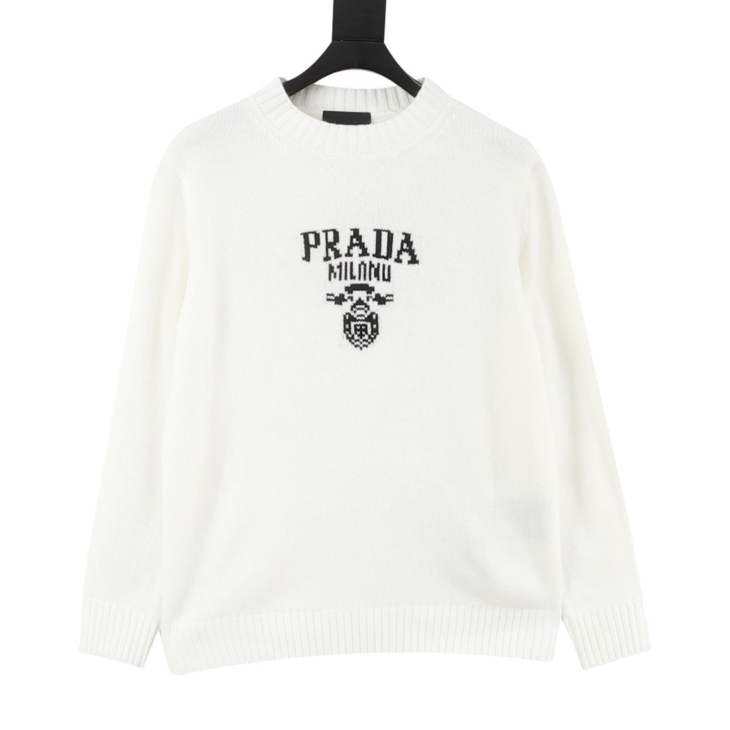 Prada Women's Men's White Logo Graphic Crewneck Sweater