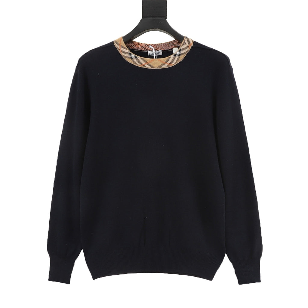 Burberry Check-Collar Knitted Wool Sweater