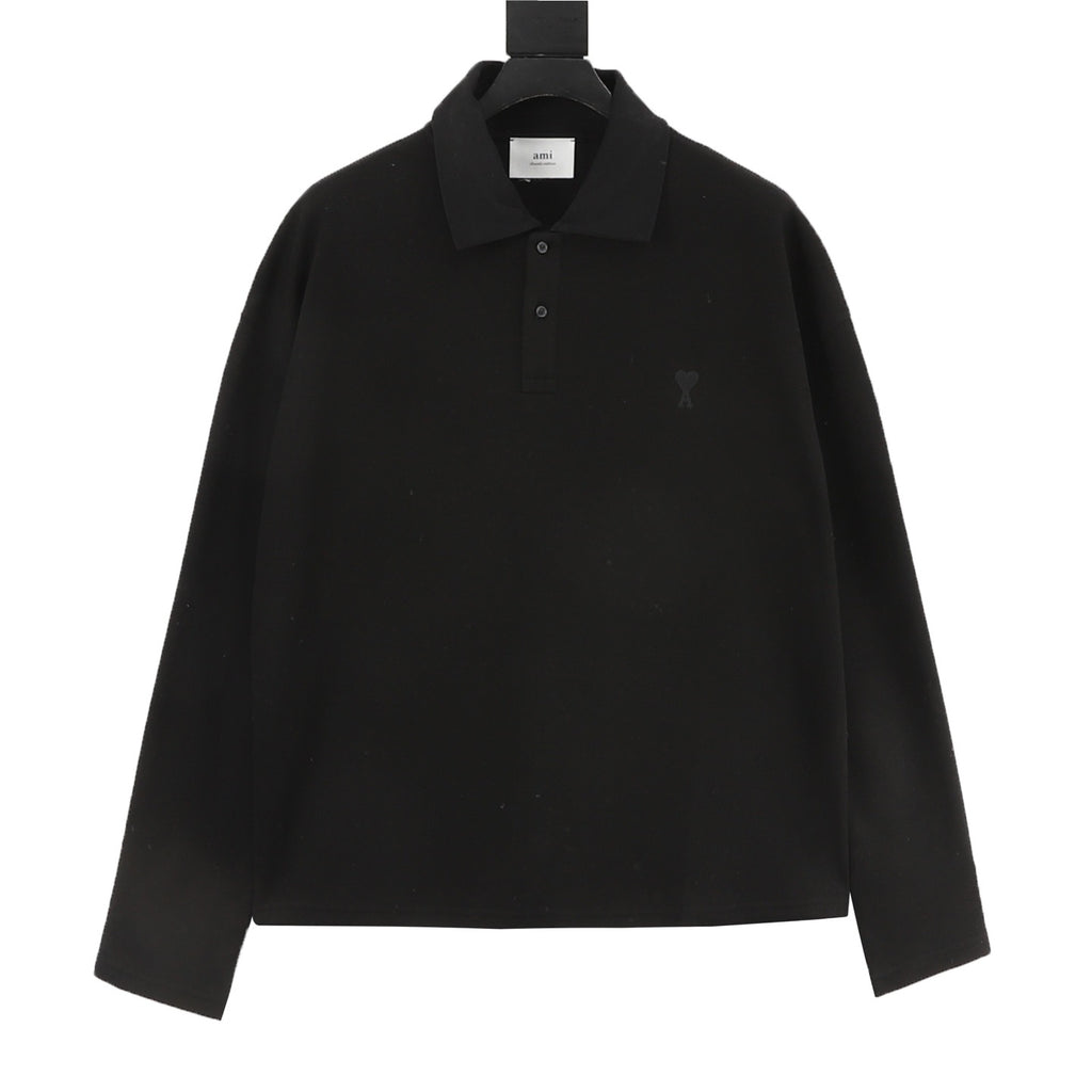 AMI Paris Long-Sleeve Polo Shirt — Tonal Heart Logo, Black | FW25