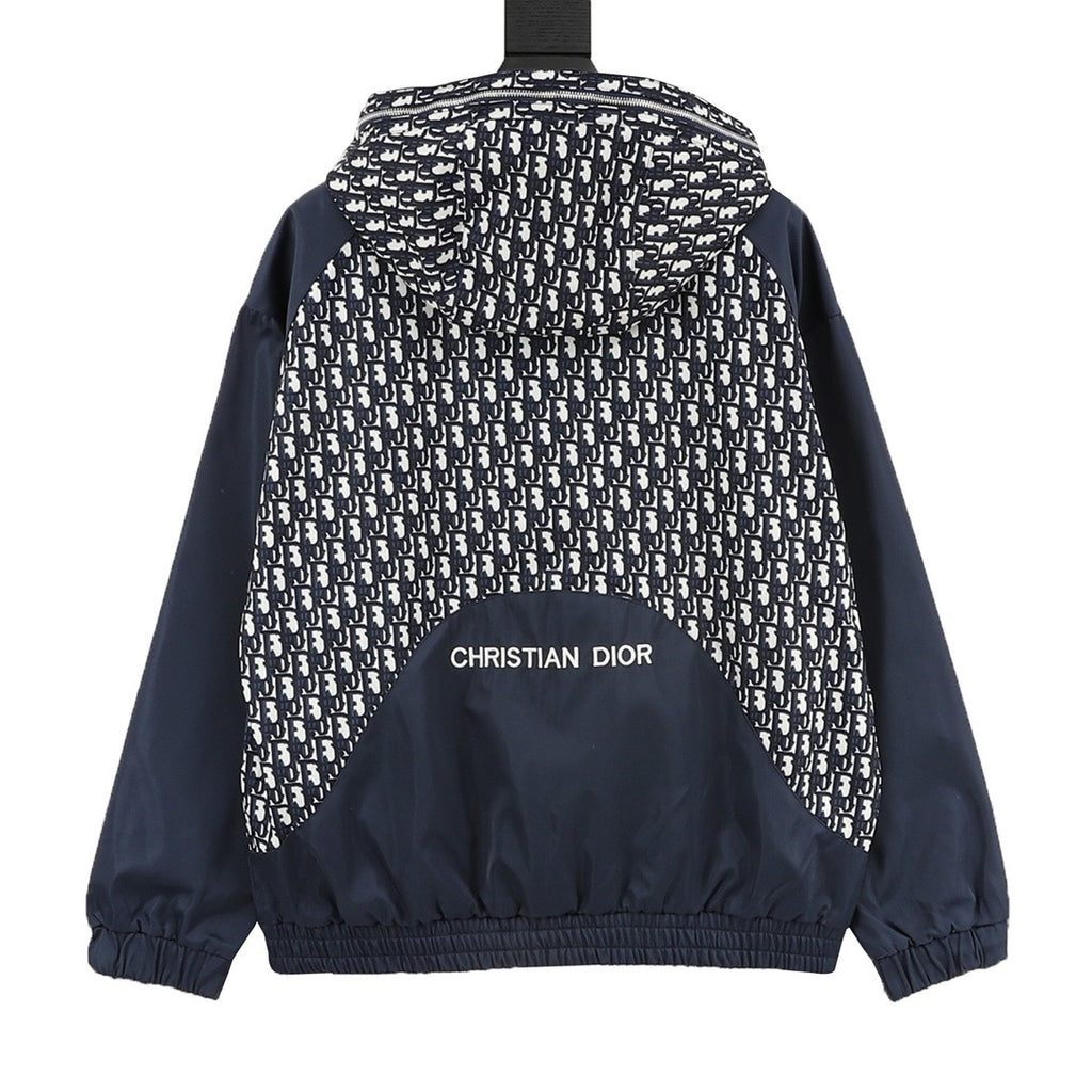 Dior Women's & Men's Navy Oblique Patchwork Bee Logo Hooded Windbreaker