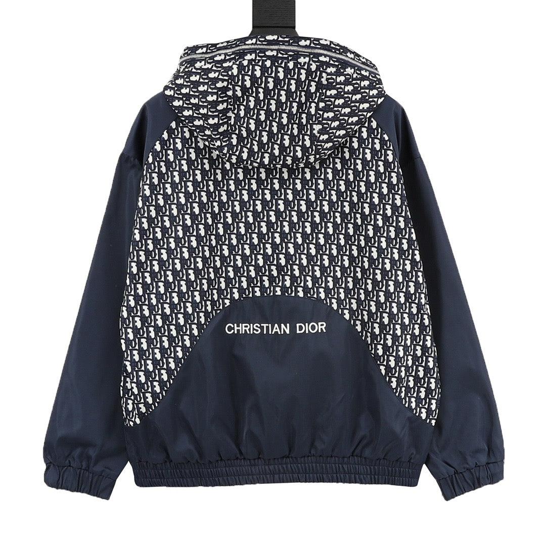 Dior Women's & Men's Navy Oblique Patchwork Bee Logo Hooded Windbreaker