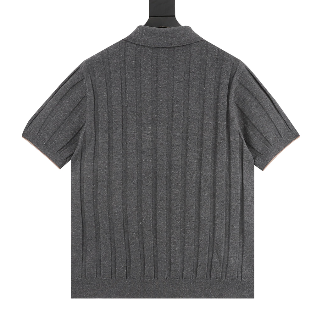 Brunello Cucinelli Two-Tone Vertical Stripe Rib Knit Short-Sleeve Cardigan