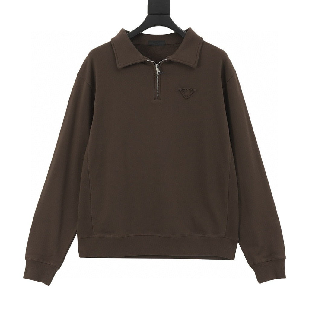 Prada Tonal Triangle Logo Padlock Zip Polo Collar Cotton Sweatshirt