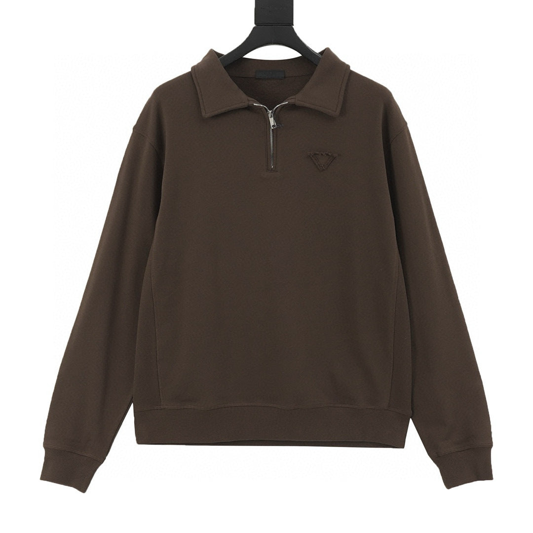 Prada Tonal Triangle Logo Padlock Zip Polo Collar Cotton Sweatshirt