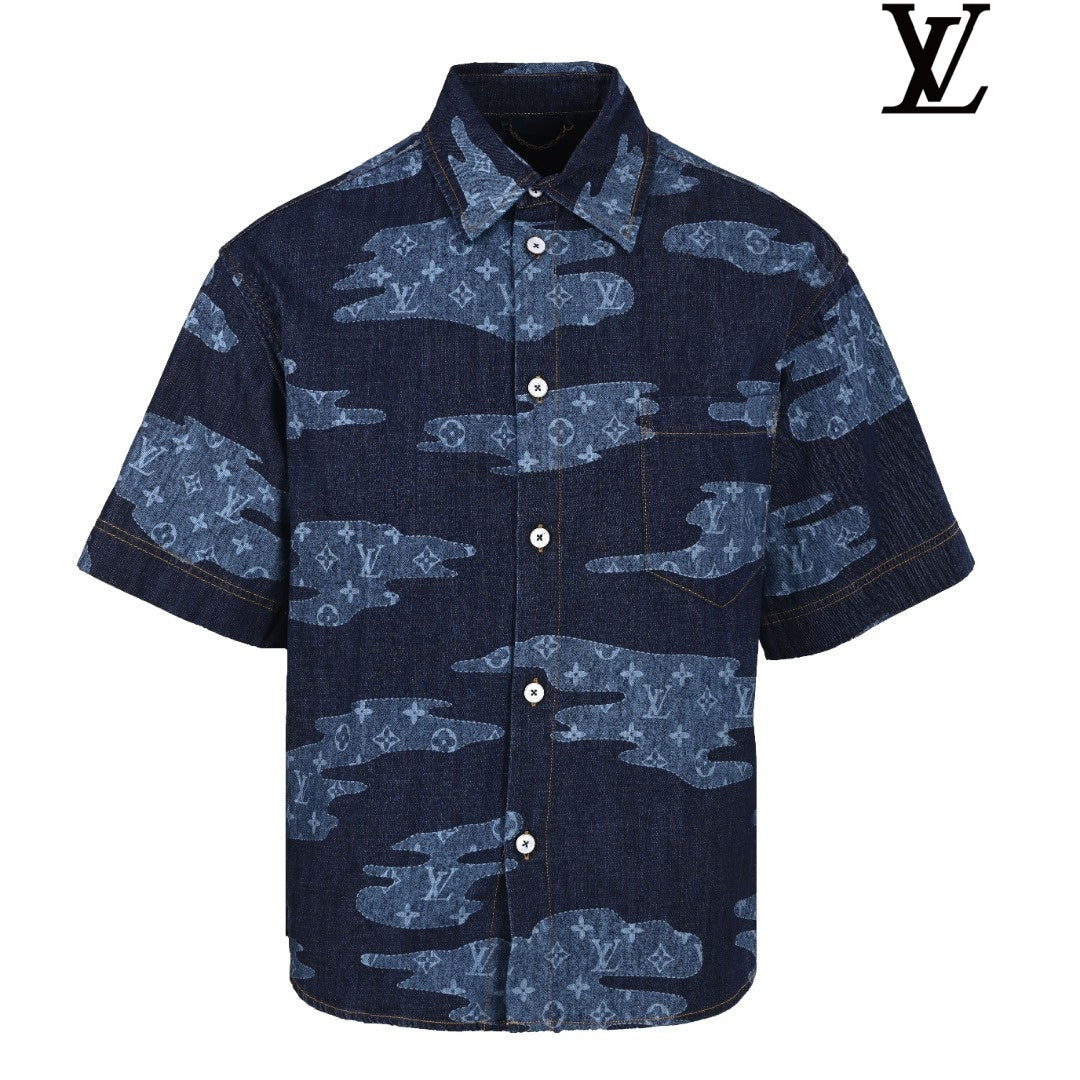 Louis Vuitton Men's Dark Blue Camo Monogram Denim Shirt