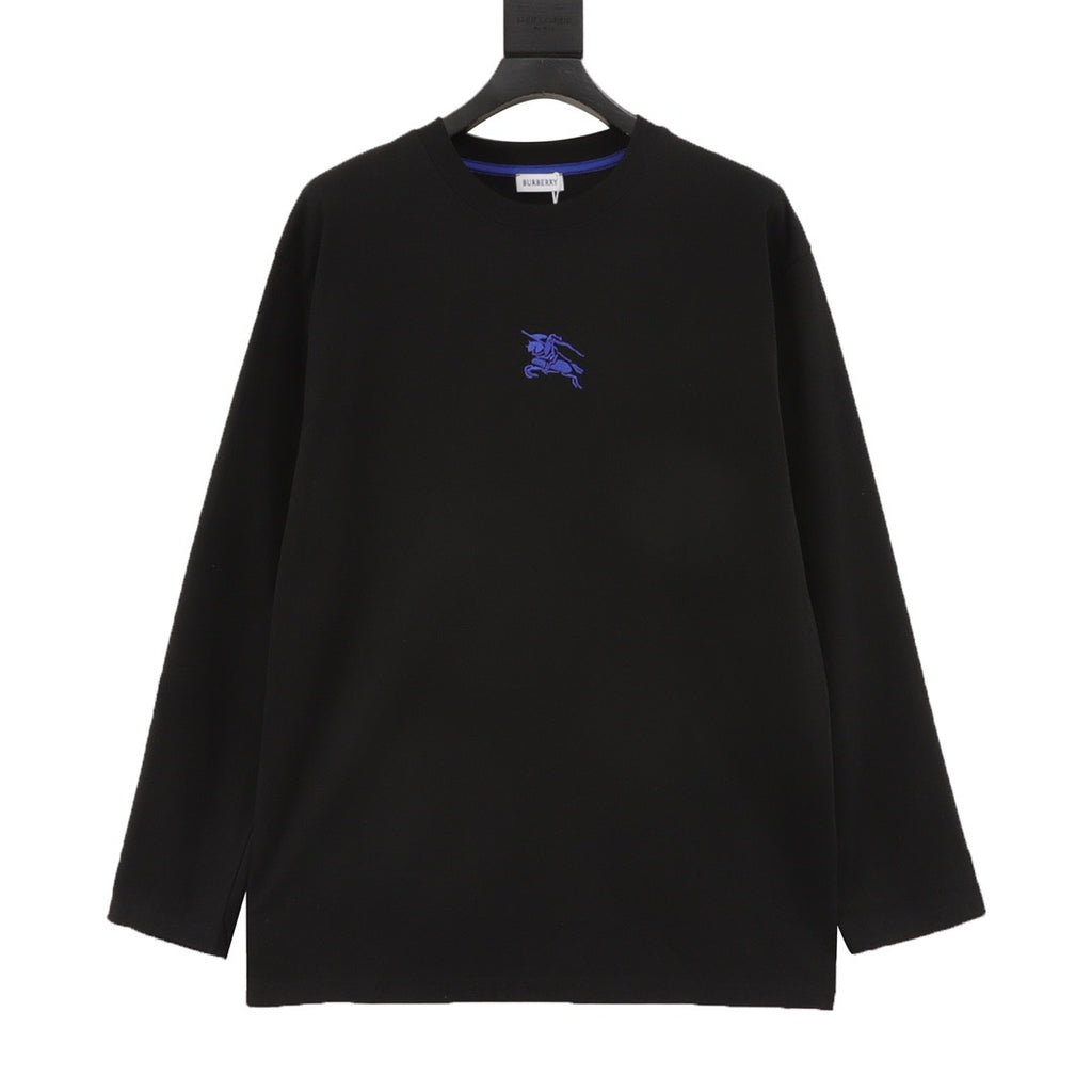 Burberry Equestrian Knight Embroidery Long-Sleeve Top — Black, Cobalt Detail