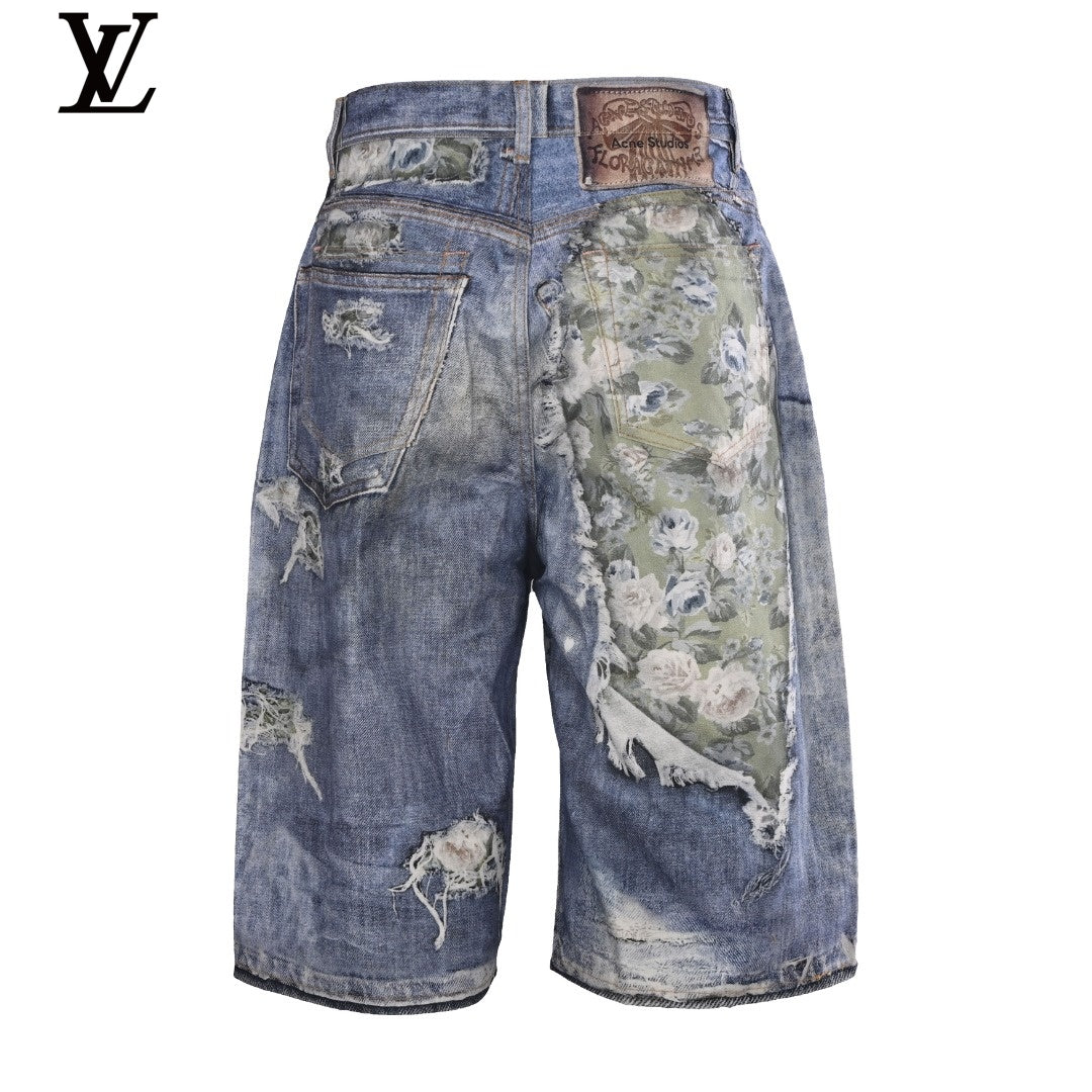 Louis Vuitton Men's Floral Patchwork Distressed Denim Shorts