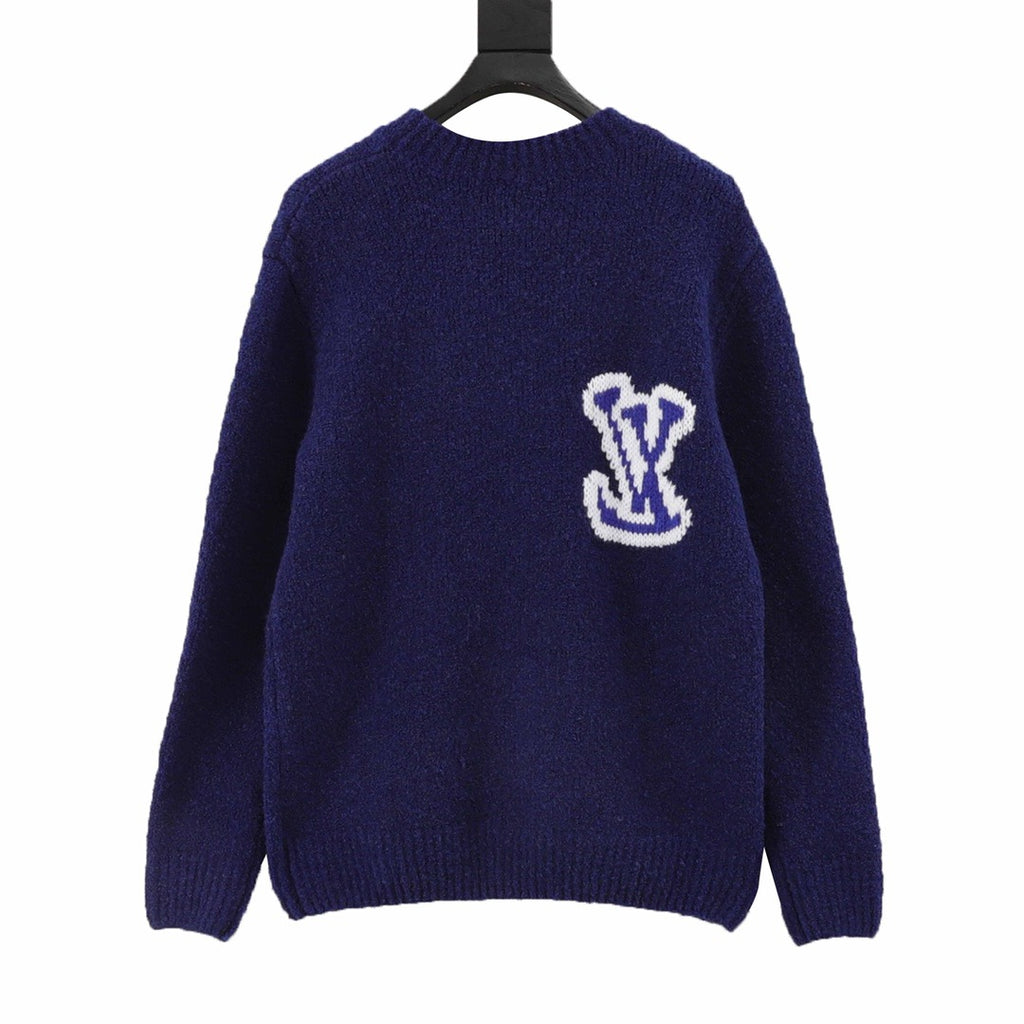 Louis Vuitton Women's Men's Navy Blue Intarsia LV Logo Crewneck Sweater
