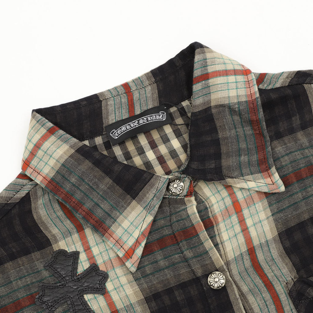Chrome Hearts Plaid Long-Sleeve Shirt with Leather Patch