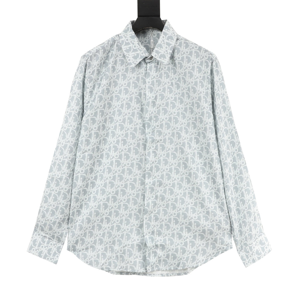 Dior Oblique Monogram All-Over Satin Shirt | Light Blue Jacquard Luxury Long Sleeve