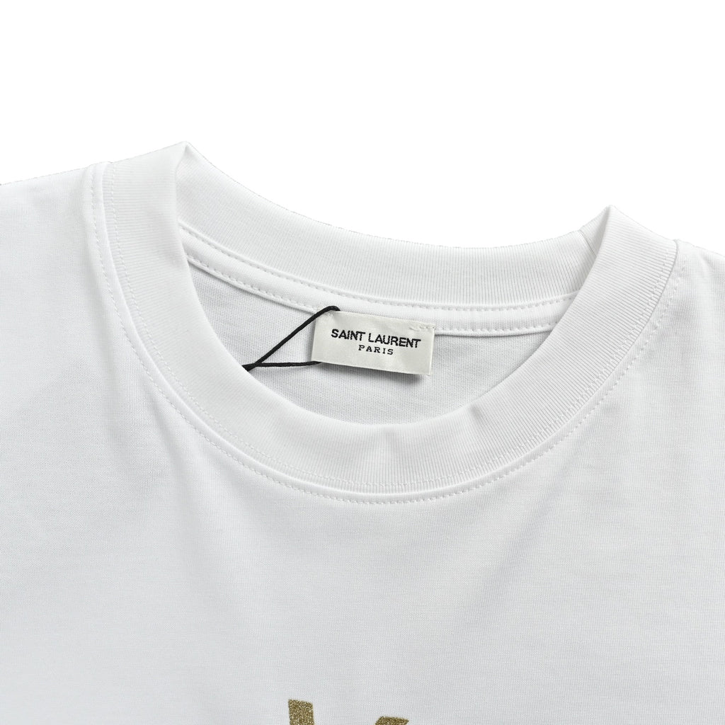 Yves Saint Laurent Gold Logo Print Short-Sleeve T-Shirt in White