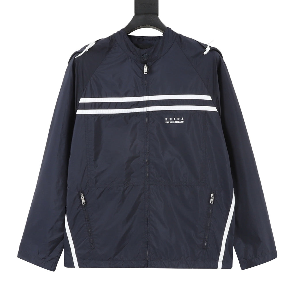 Prada Women's Men's Navy Striped Logo Nylon Jacket