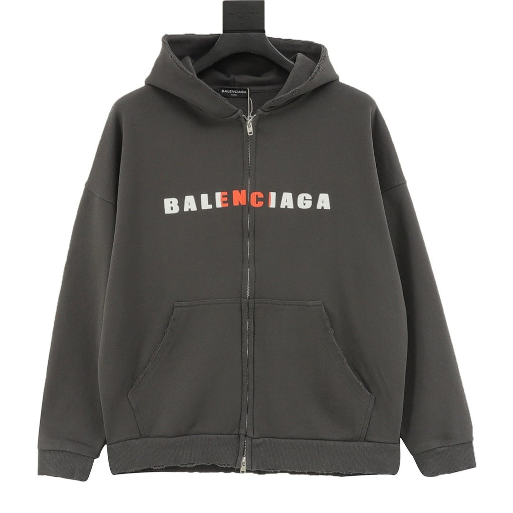 Balenciaga Women's Men's Dark Grey Logo Zip-Up Hoodie