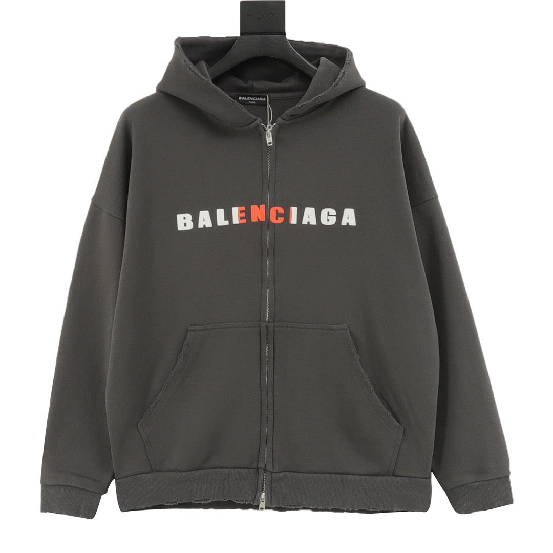 Balenciaga Women's Men's Dark Grey Logo Zip-Up Hoodie