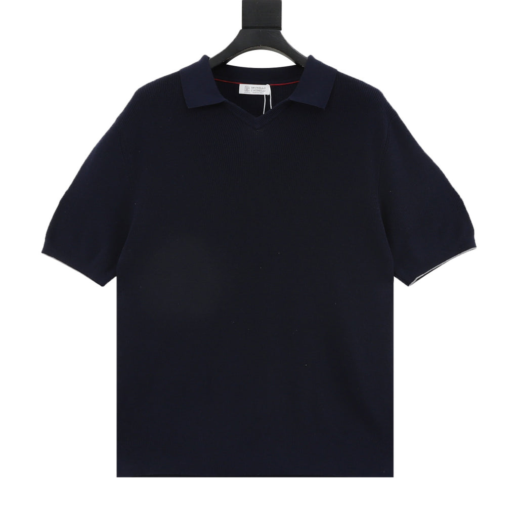 Brunello Cucinelli Knit Short-Sleeve Polo Shirt in Navy