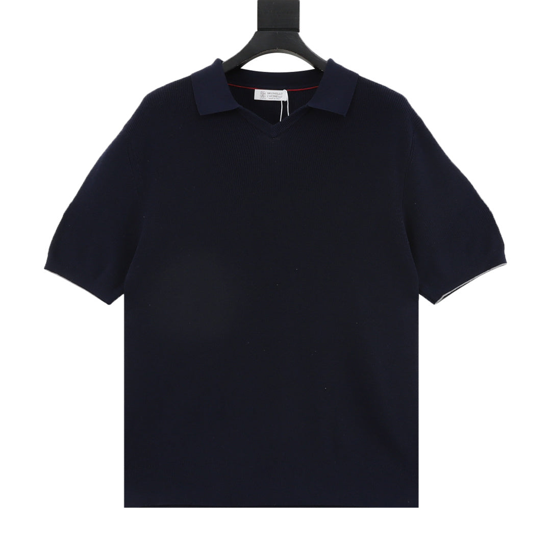 Brunello Cucinelli Knit Short-Sleeve Polo Shirt in Navy