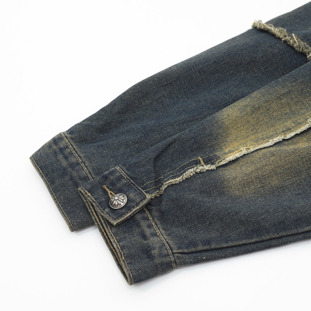 Chrome Hearts Women's / Men's Cross-Patch Distressed Denim Jacket in Vintage Blue