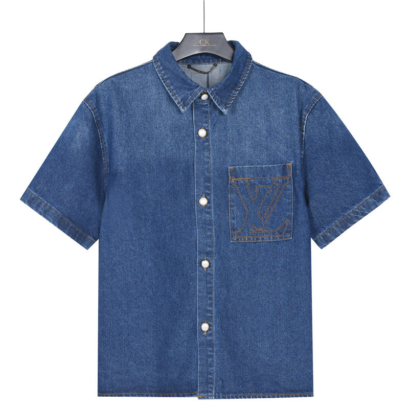 Louis Vuitton LV-Stitched Pocket Short-Sleeve Denim Shirt in Blue
