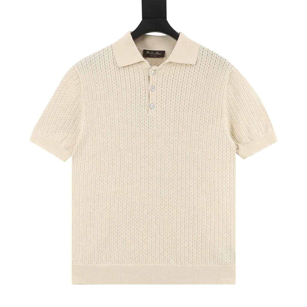 Loro Piana Openwork Knit Short-Sleeve Polo in Cream