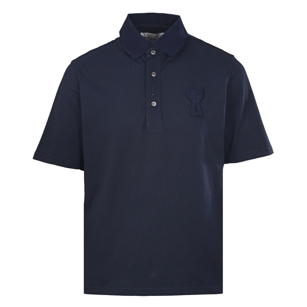 AMI Men's Navy Crochet Heart Logo Polo Shirt