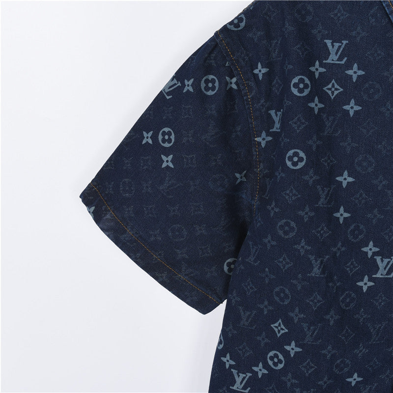 Louis Vuitton All-Over Monogram Short-Sleeve Denim Shirt in Dark Blue