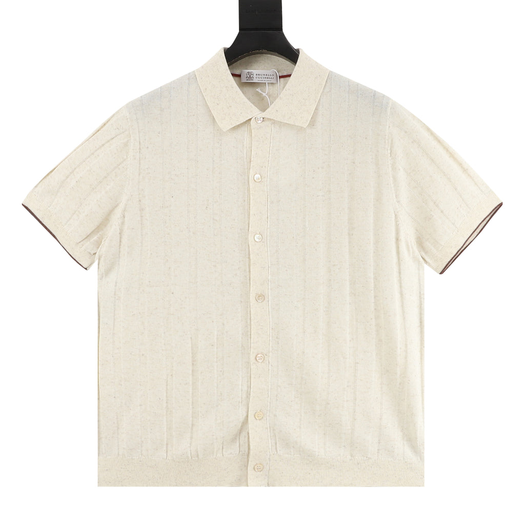 Brunello Cucinelli Two-Tone Vertical Stripe Rib Knit Short-Sleeve Cardigan