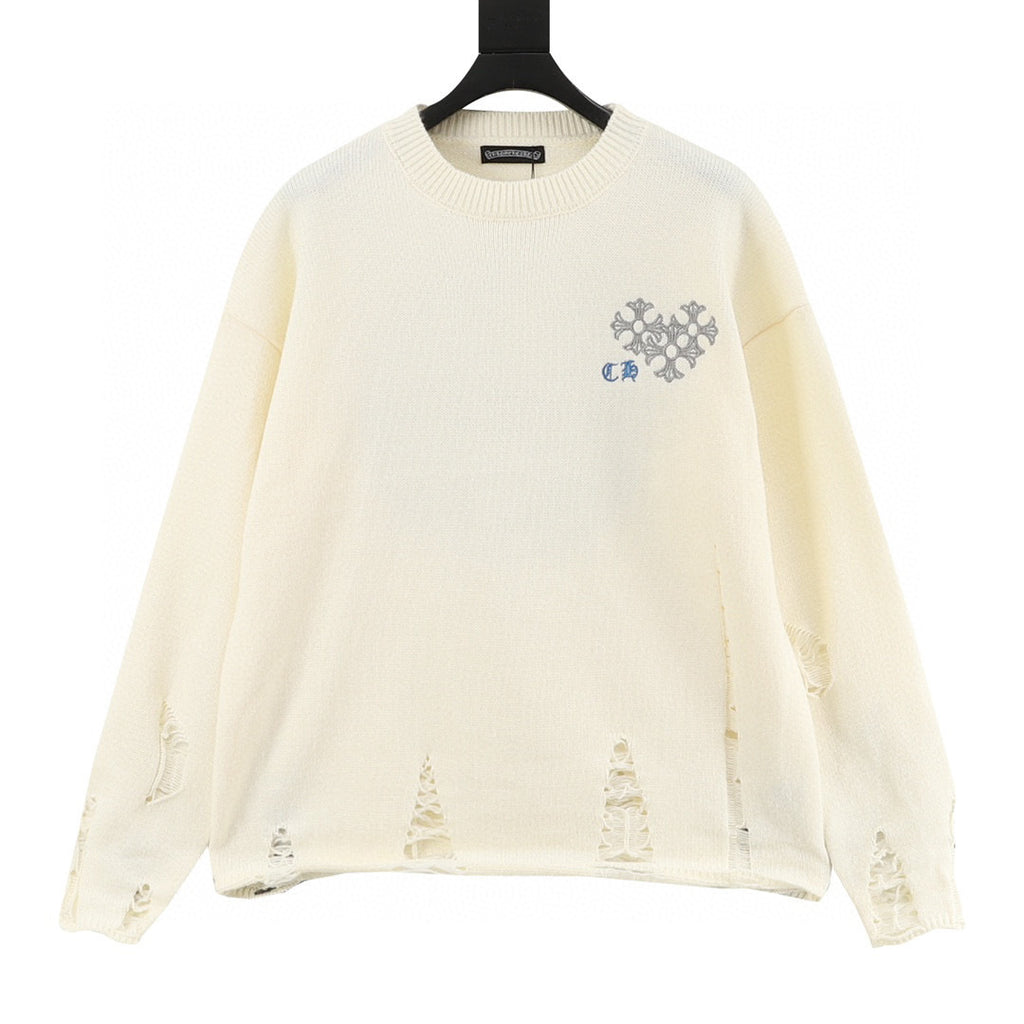 CH Embroidered Sanskrit Cross Distressed Knit Sweater