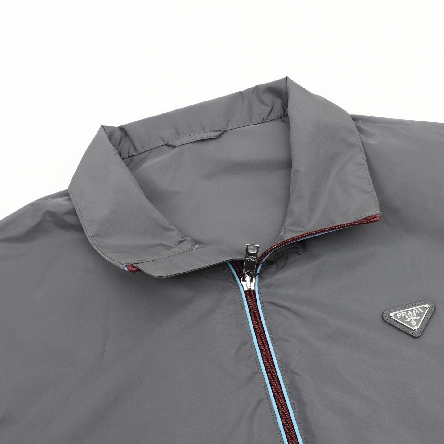 Prada Triangle Logo Iridescent Zip Nylon Stand Collar Jacket | Grey Lightweight Luxury Outerwear