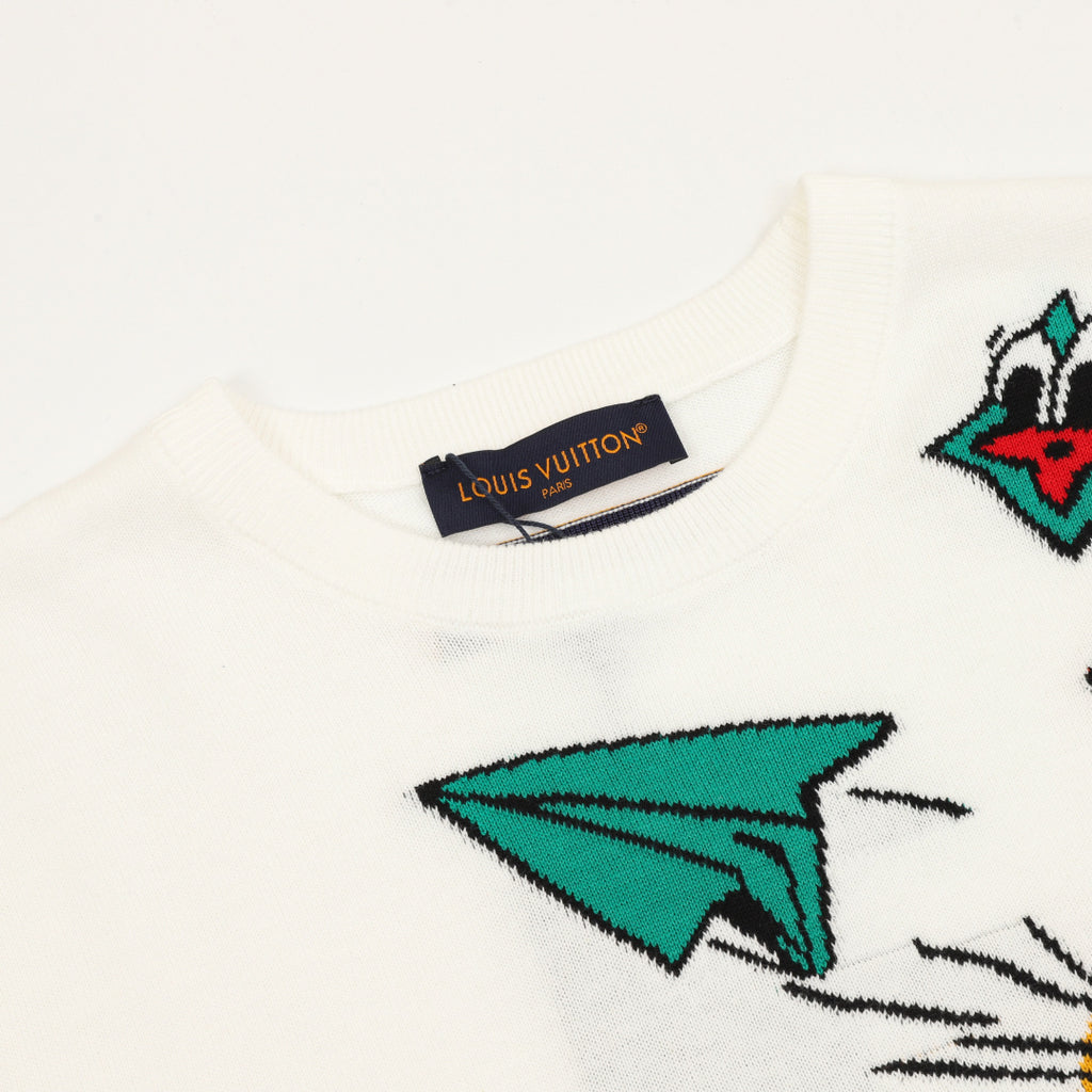 Louis Vuitton Cartoon Paper Plane Embroidered Short-Sleeve T-Shirt in White
