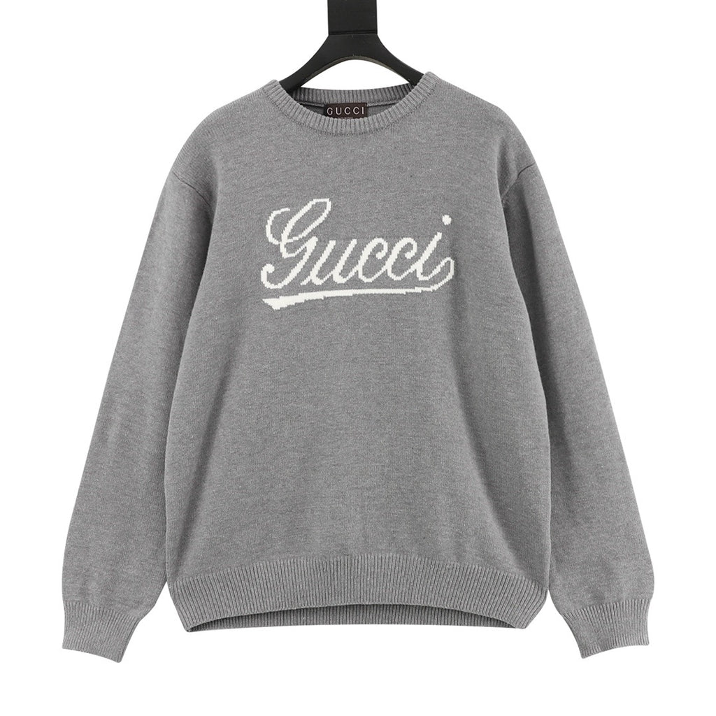 Gucci Women's Men's Light Grey Script Logo Crewneck Knit Sweater