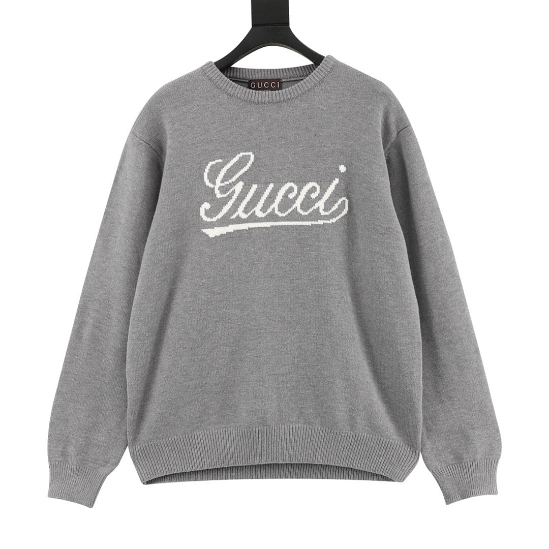 Gucci Women's Men's Light Grey Script Logo Crewneck Knit Sweater