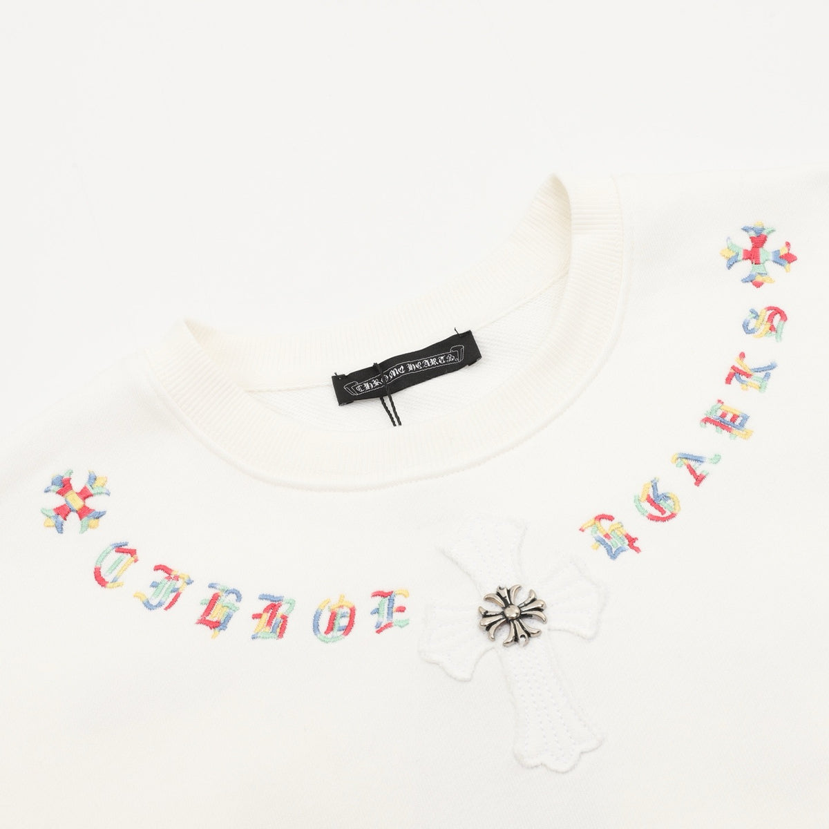 Chrome Hearts Women's Men's White Colorful Letter & Cross Crewneck Sweatshirt