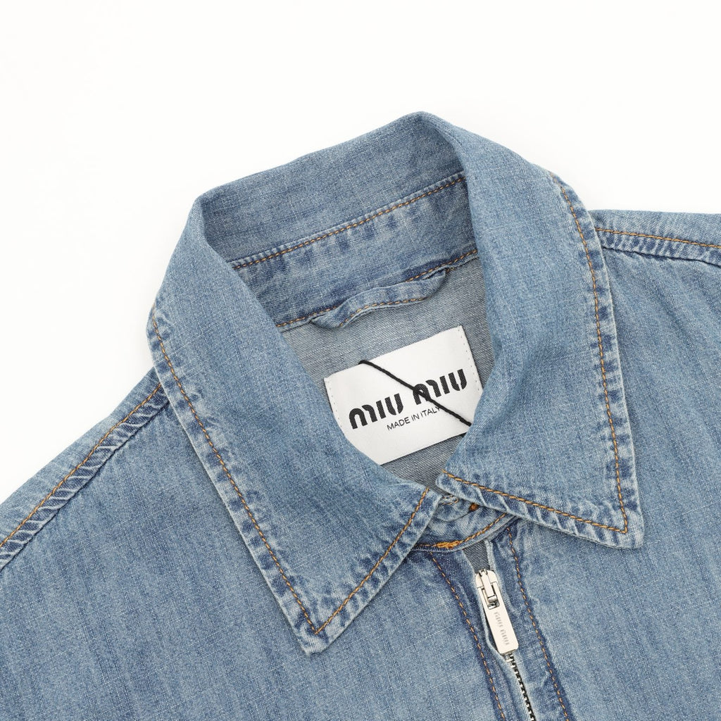 Miu Miu Washed Denim Bomber Jacket — Light Blue, Gold Topstitch | Made in Italy