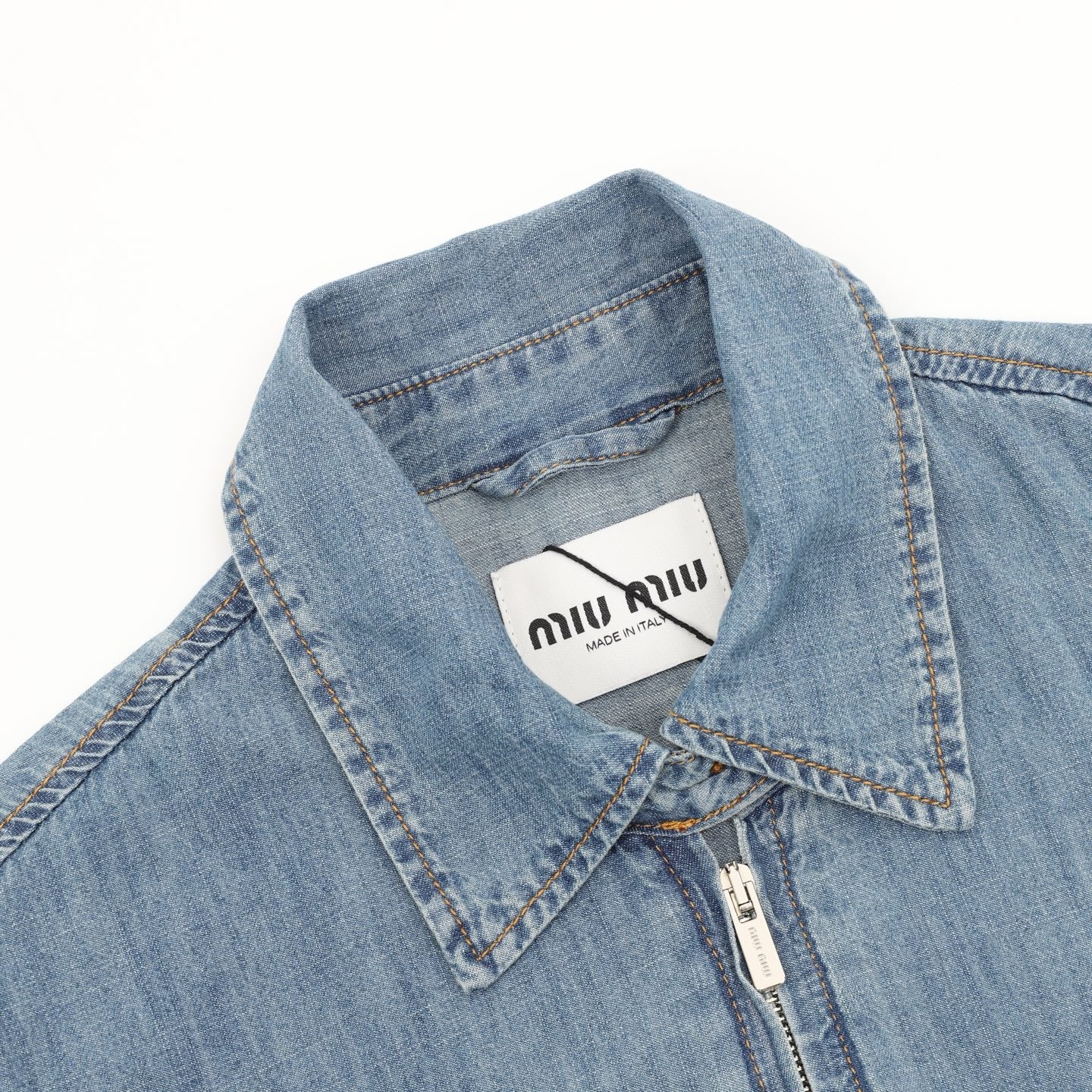 Miu Miu Washed Denim Bomber Jacket — Light Blue, Gold Topstitch | Made in Italy