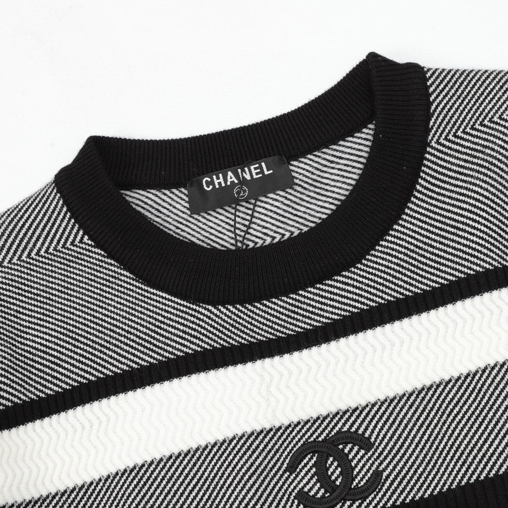 Chanel Autumn/Winter Striped Knit Pullover with Embroidered Double-C Logo