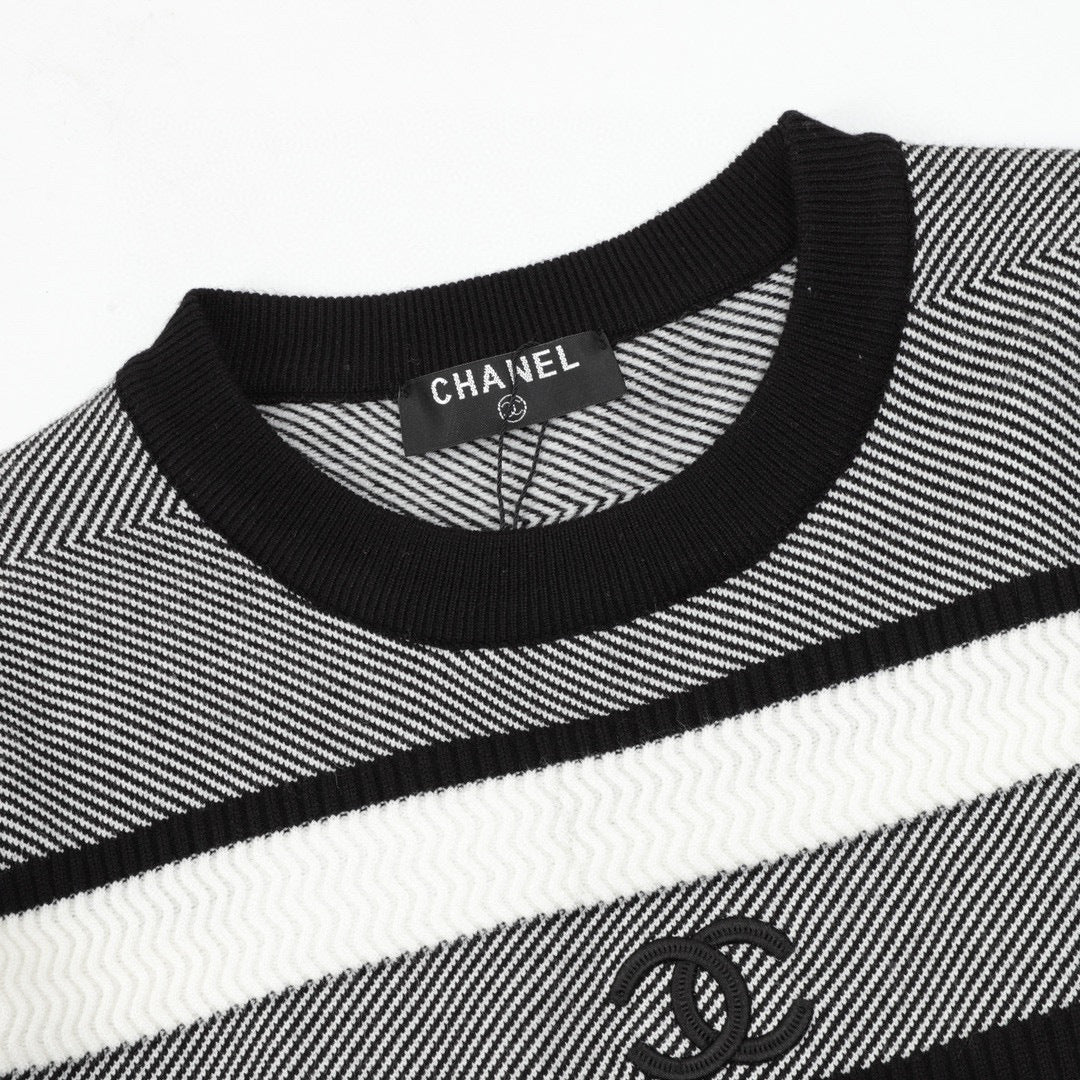 Chanel Autumn/Winter Striped Knit Pullover with Embroidered Double-C Logo