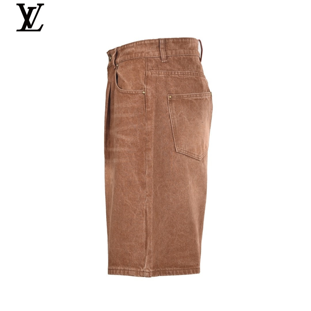 Louis Vuitton Washed Brown Pleated Denim Shorts