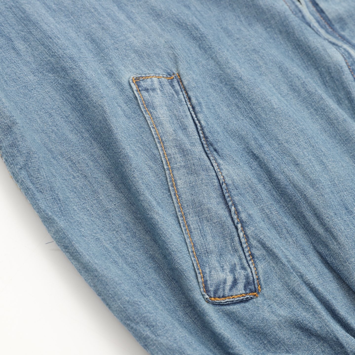 Miu Miu Washed Denim Bomber Jacket — Light Blue, Gold Topstitch | Made in Italy