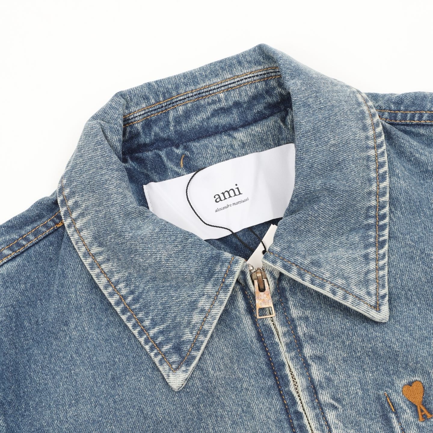 AMI Paris Ami de Cœur Heart Logo Washed Denim Zip Jacket | Light Blue Workwear Casual Outerwear