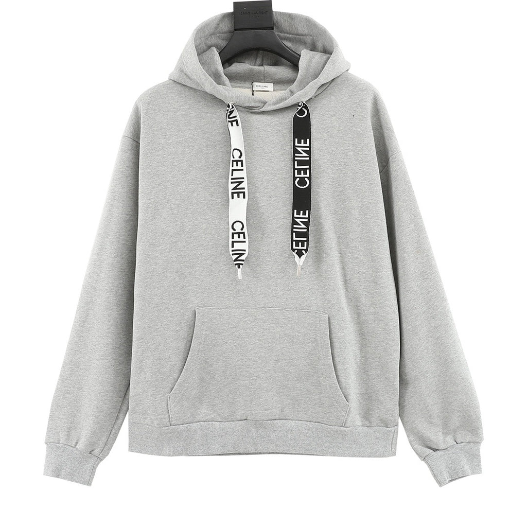 CELINE Women's & Men's Light Grey Hoodie with Logo-Print Drawstring