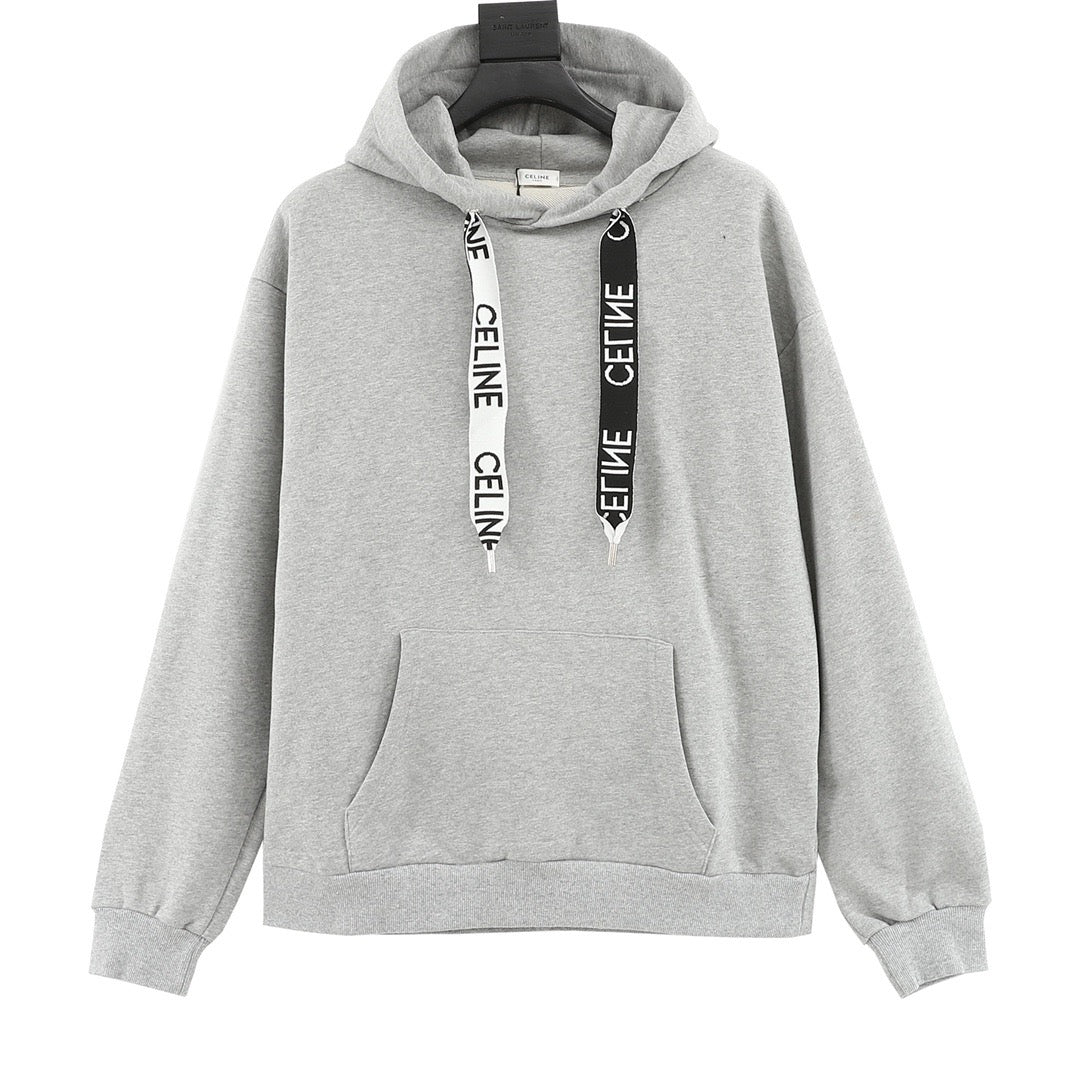 CELINE Women's & Men's Light Grey Hoodie with Logo-Print Drawstring