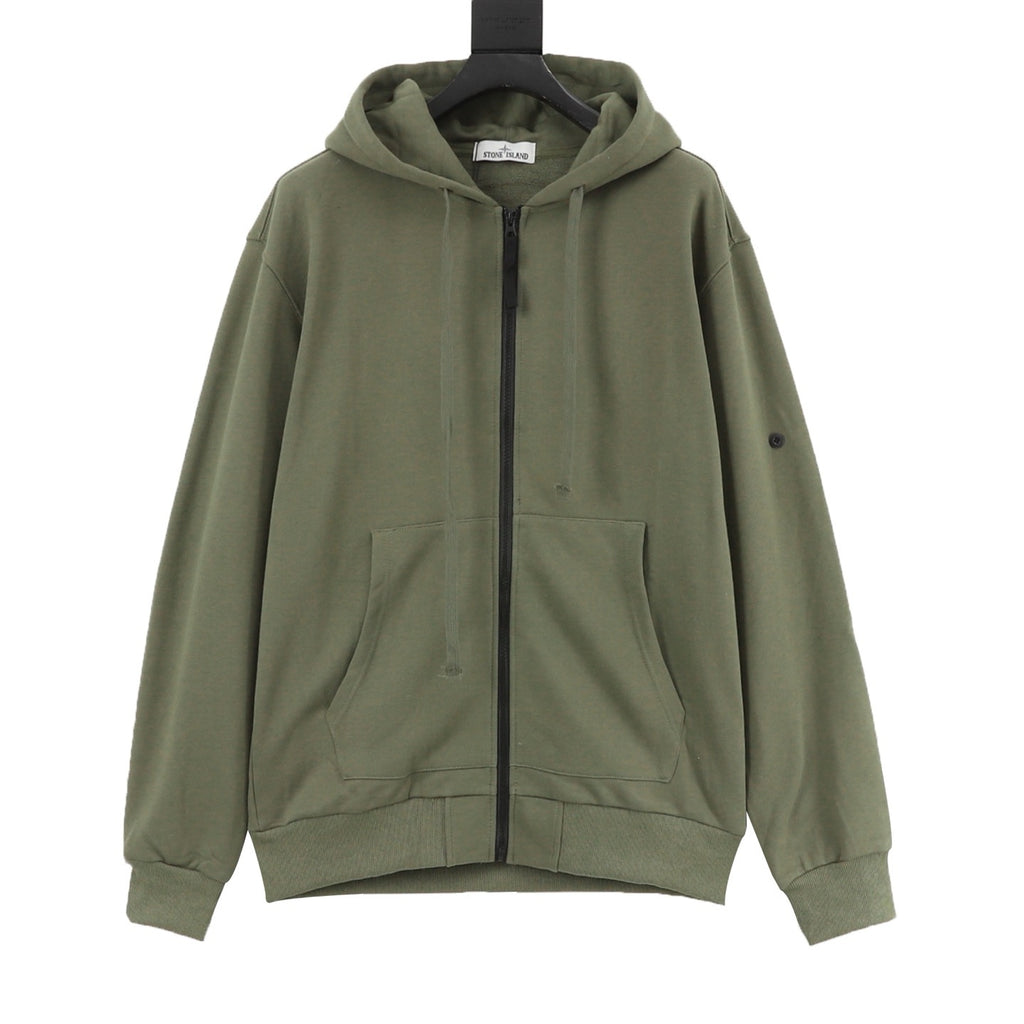 Stone Island Sleeve Patch Hooded Zip-Up Jacket | White Contrast Zip Casual Outerwear
