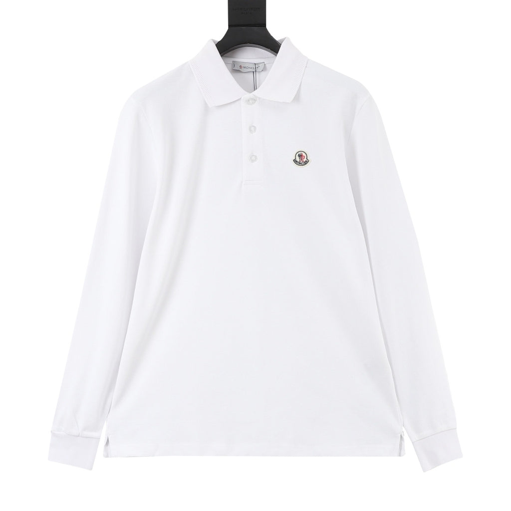 Moncler Women's Men's White Logo Patch Long-Sleeve Polo Shirt