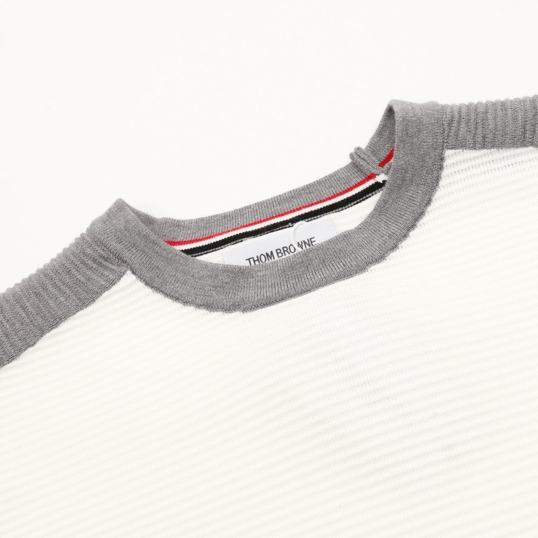 Thom Browne Women's Men's White & Grey 4-Bar Color-Block Waffle-Knit Crewneck Sweater