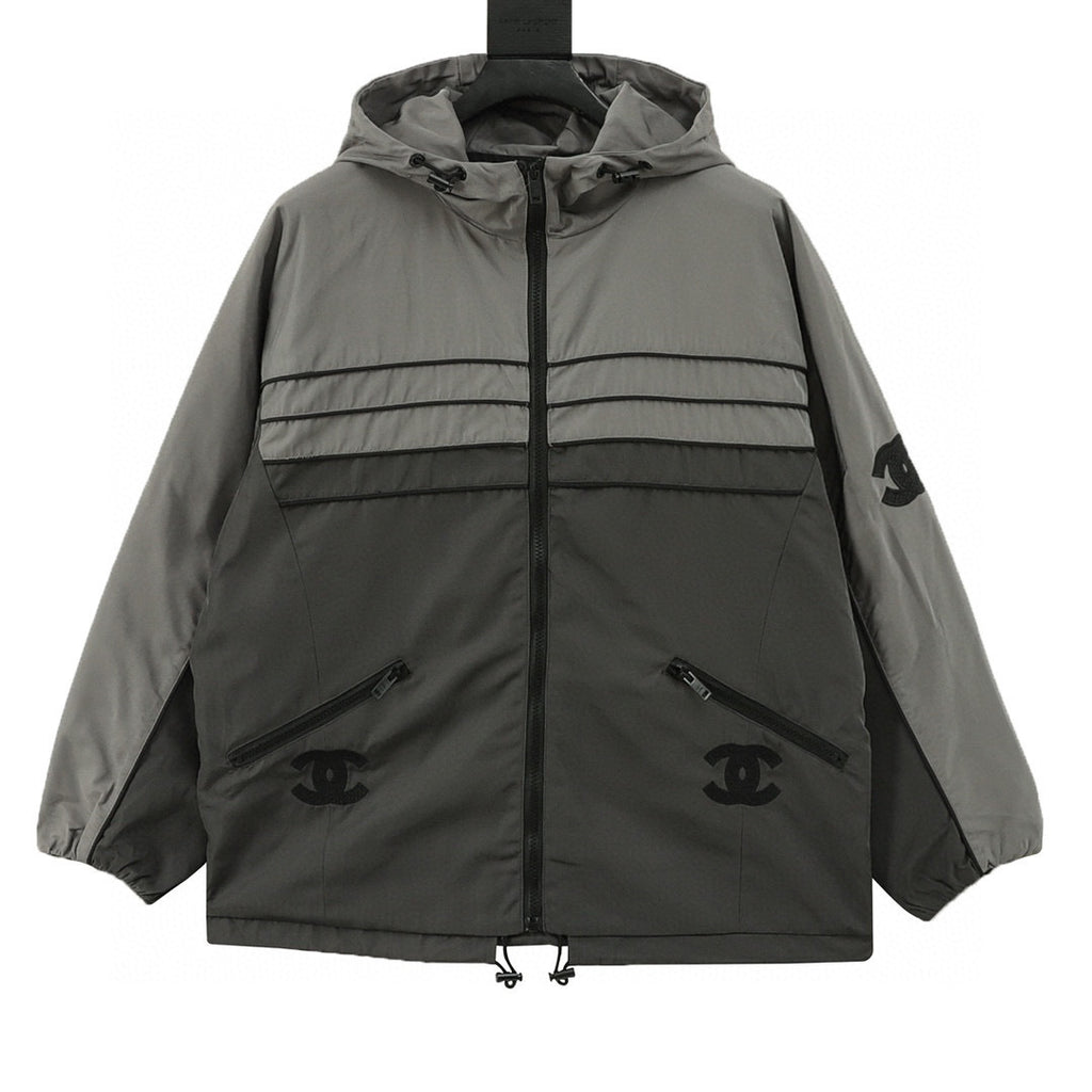Chanel Vintage-Style Hooded Windbreaker with Embroidered Double-C Logo and Zipper Closure