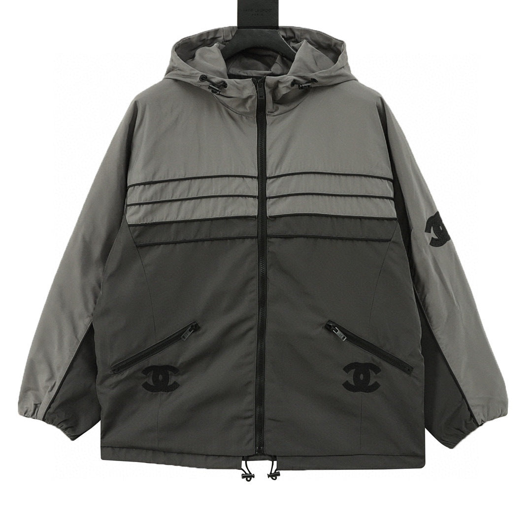 Chanel Vintage-Style Hooded Windbreaker with Embroidered Double-C Logo and Zipper Closure