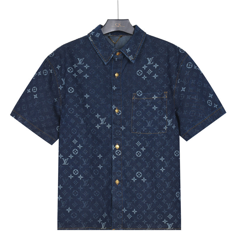 Louis Vuitton All-Over Monogram Short-Sleeve Denim Shirt in Dark Blue