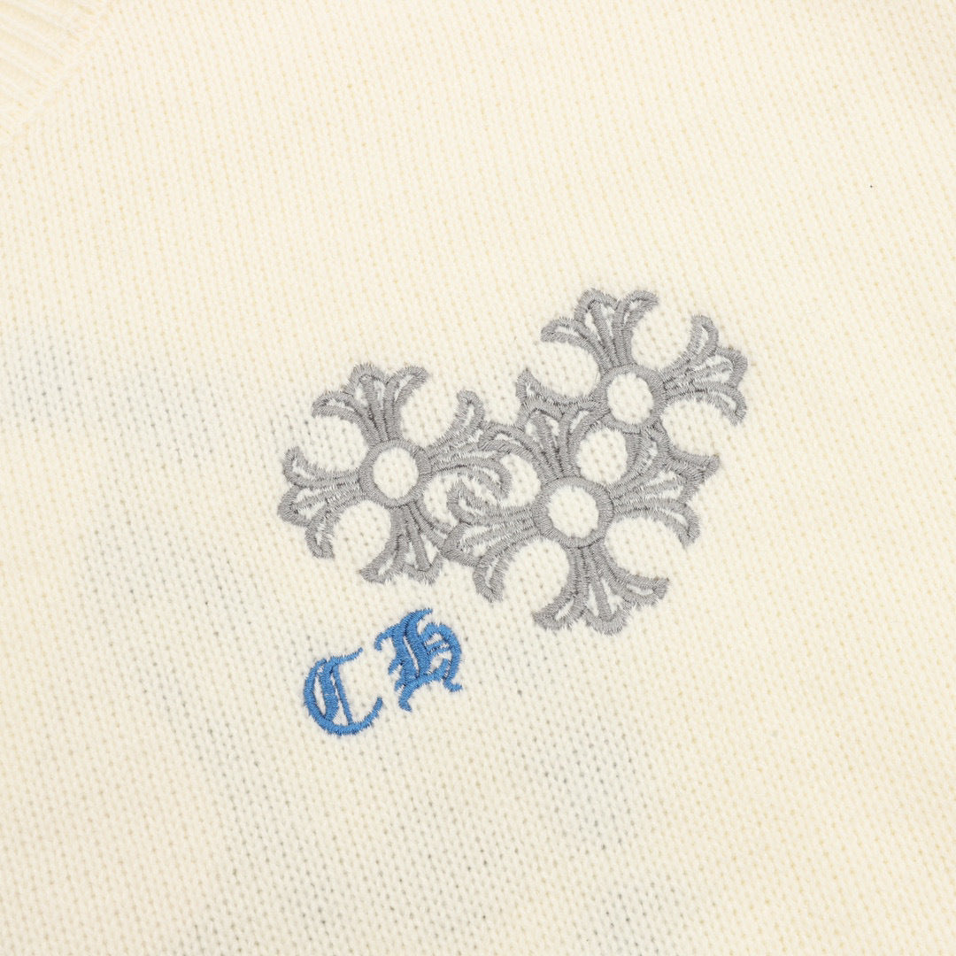 CH Embroidered Sanskrit Cross Distressed Knit Sweater